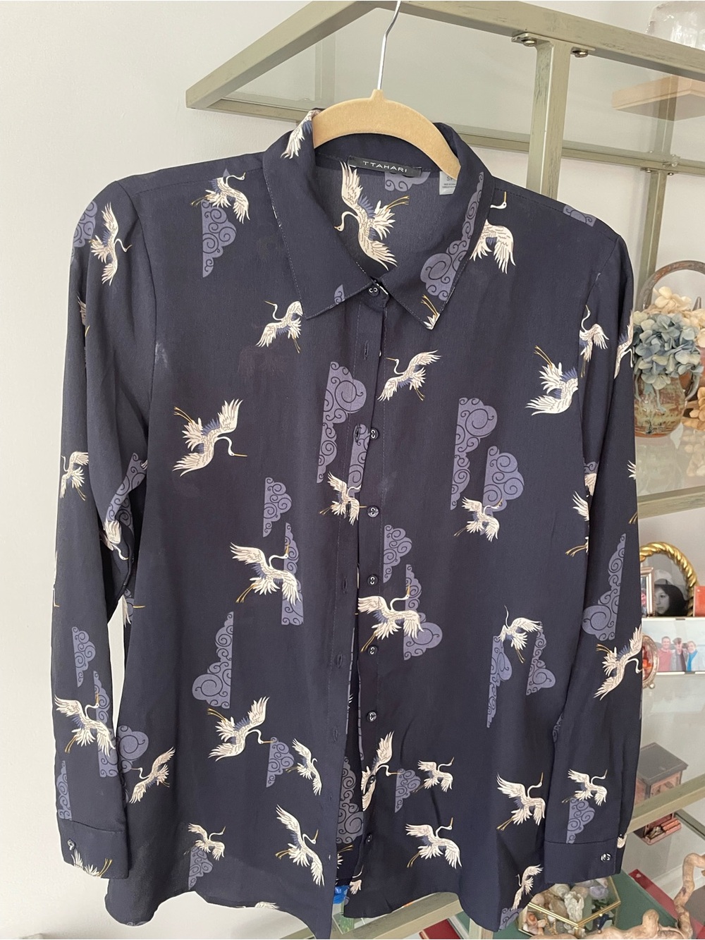 Tahari Navy Long-Sleeve Crane Print Button-Up Shirt
